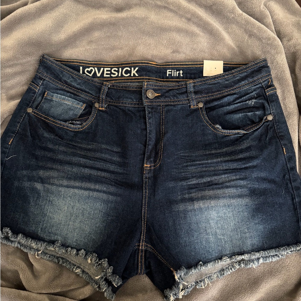 Lovesick Dark Blue Frayed Hem Shorts